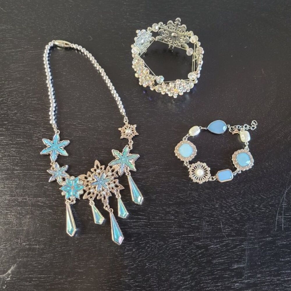 Disney Princess Jewelry Set Snowflake Blue Crystal Necklace Rhinestone Bracelet